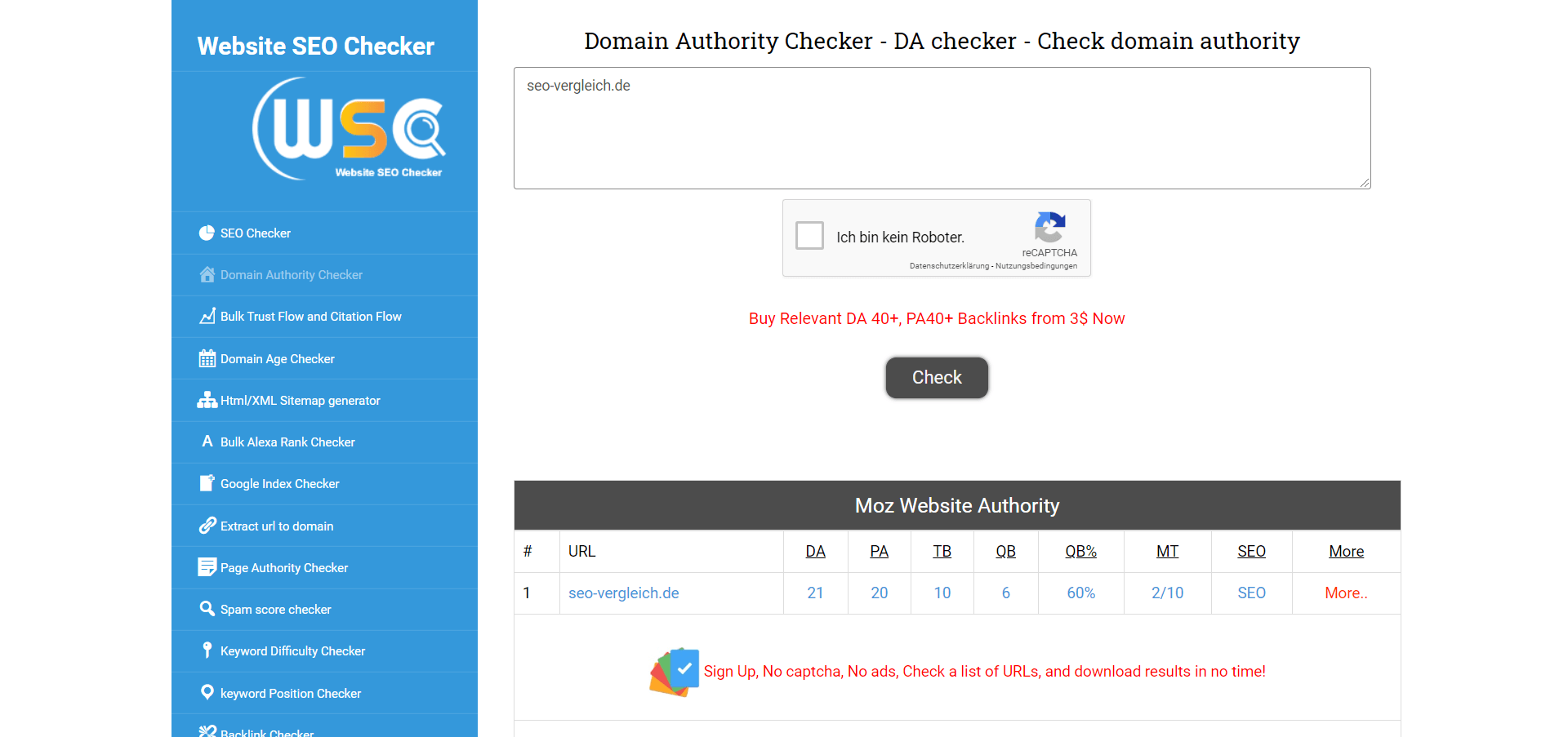 Backlink-Tool: Domain Authority Checker